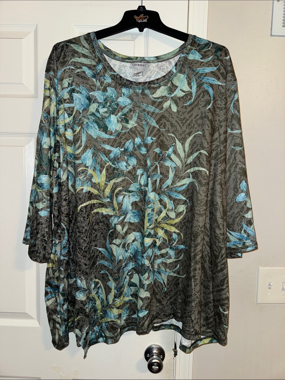 Catherines Black Tunic with Blue and Green Botanical Print